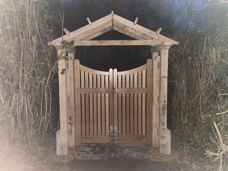 Oak gate with pergola porch structure